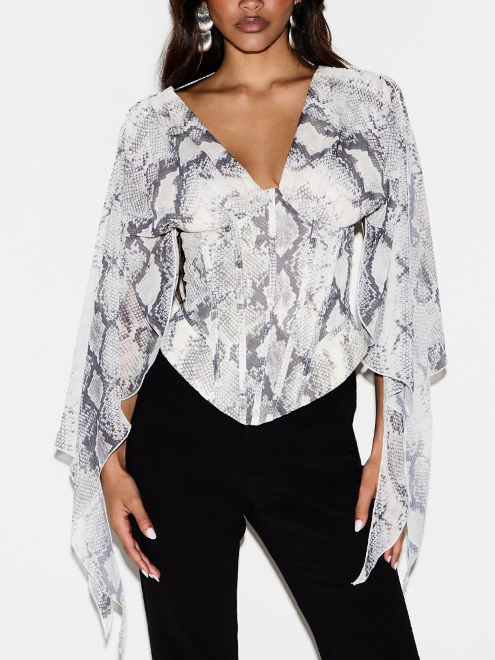 Dark Grey Elegant Women's Sheer Ruffle Asymmetrical Batwing V-Neck Corset Top - Picture 4 of 5